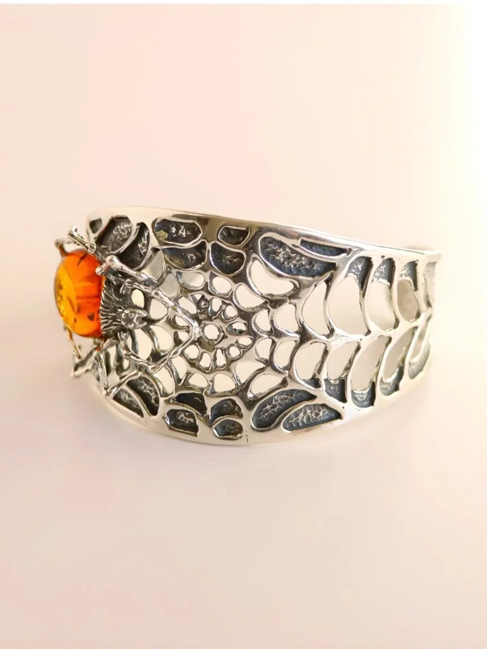 Baltic Amber Cuff Bracelet- Sterling Silver Spiderweb Design